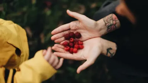 A woman in all black with tattoos on her wrist holding red raspberries in her palm in front of a person wearing yellow.