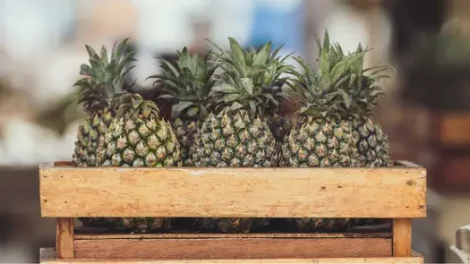 A bunch of pineapples in a wooden crate.