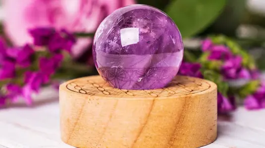 A smoothed purple Amethyst crystal ball resting atop a circular wooden base in front of bright pink carnations. 