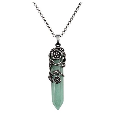 Silver Flower Wrapped Natural Green Aventurine Necklace - Top Plaza - Elune Blue