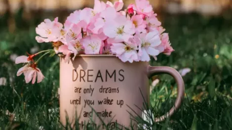 Cherry blossoms in a pinkish copper mug sitting on grass that says "Dreams are only dreams until you wake up and make them real."