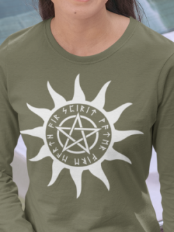 A military green long sleeve tee with a pentacle graphic encircled by sun rays and elder futhark runes.