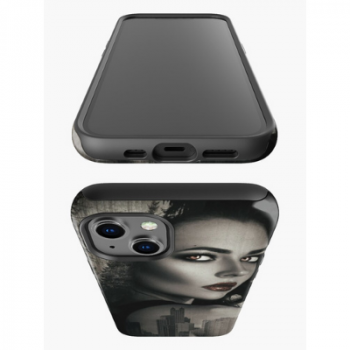 A view of the front and back of the iPhone 13 featuring Witch in the City iPhone tough case design.