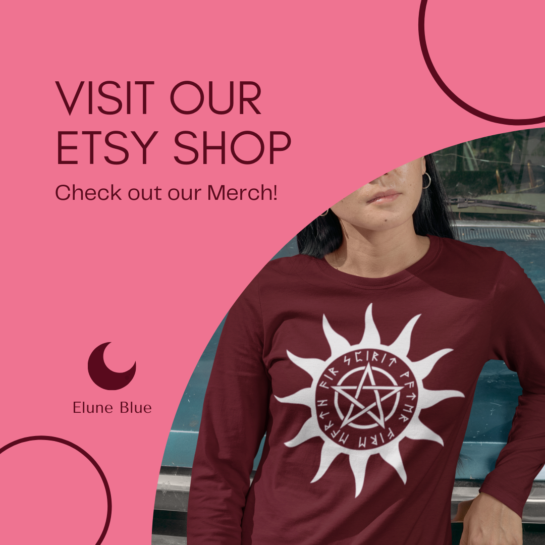 In the bottom right, a a woman wearing our Maroon Pentacle Long Sleeve Tee. In the top right, the text reads: "Visit our Etsy Shop: Check out our Merch!"