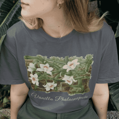 A woman wearing an asphalt gray t-shirt with a vanilla orchid graphic. Text on the bottom of the vanilla orchid graphic says: "Vanilla Phalaenopsis."