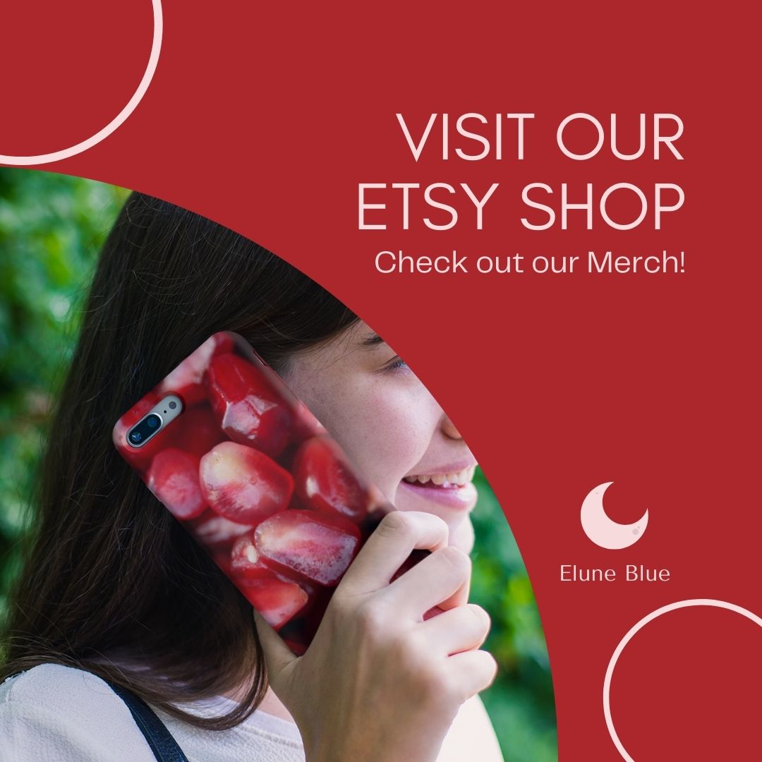 In the bottom left, a woman holding our Pomegranate iPhone XS Phone Case against her ear. In the top right, the text reads: "Visit our Etsy Shop: Check out our Merch!"
