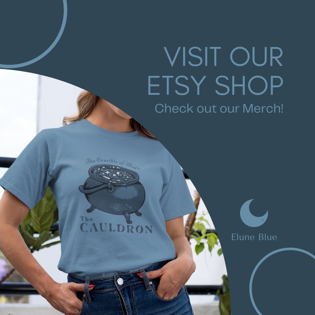 In the bottom left, a woman wearing our Steel Blue Cauldron Tee. In the top left, the text reads: "Visit our Etsy Shop: Check out our Merch!"