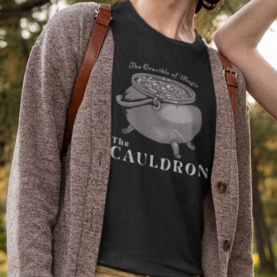 A man wearing a Black Cauldron T-Shirt from Elune Blue on Etsy.