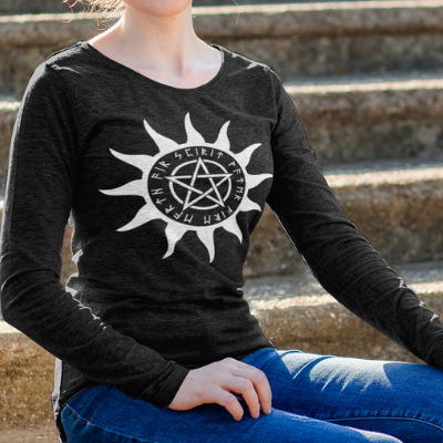 A black heather long sleeve tee with a pentacle graphic encircled by sun rays and elder futhark runes.