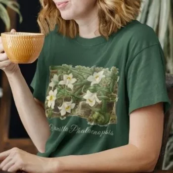 A woman wearing a forest green t-shirt with a vanilla orchid graphic. Text on the bottom of the vanilla orchid graphic says: "Vanilla Phalaenopsis."