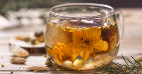 A jasmine flower floating in a glass cup full of jasmine tea.