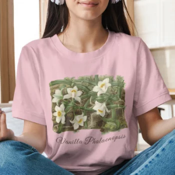 A woman wearing a pink Vanilla Orchid T-Shirt from Elune Blue on Etsy.