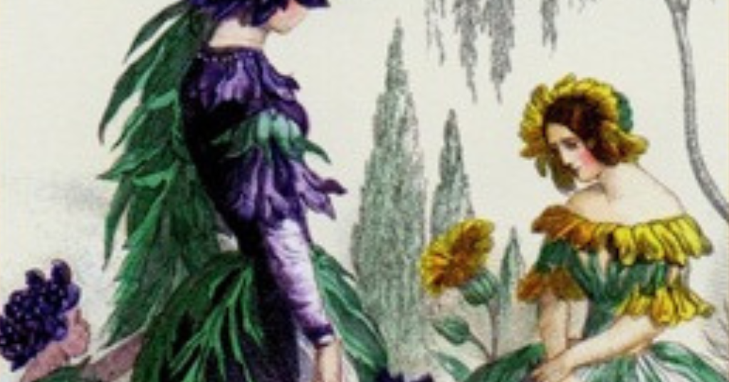A scabious flower and marigold flower are depicted with human features. The Marigold looks to be in mourning while the Scabious flower is comforting her. 