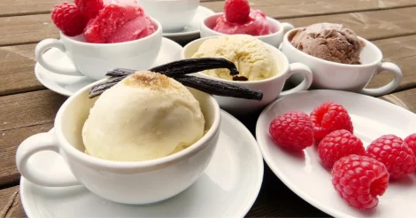 White teacups filled with various flavors of ice cream, garnished with vanilla beans and raspberries.