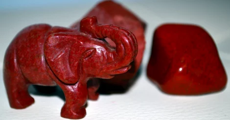 A red jasper elephant with smooth and rough red jasper stones in the background.