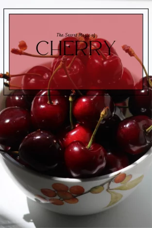 A picture of cherries in a white bowl in the background. In the foreground, the text reads: "The Secret Magic of Cherry."