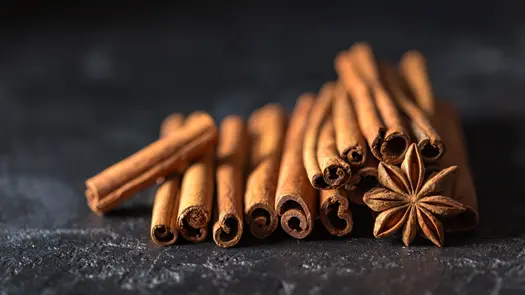 A row of cinnamon sticks with a piece of star anise.