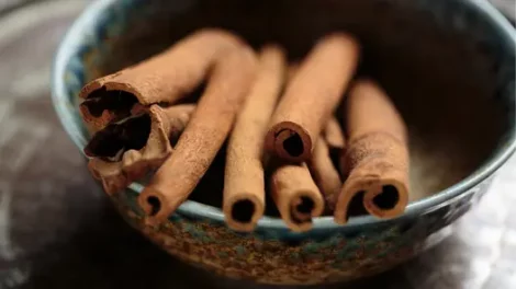 Close-up of cinnamon sticks in a bowl.