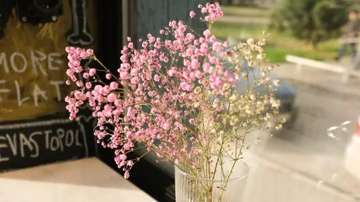 Pink baby's breath flowers in a glass vase near a chalkboard and a window.