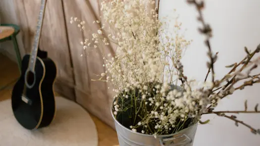White baby's breath flowers in a pot near a black guitar.