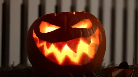 A lit jack o' lantern in front of a white picket fence at night.