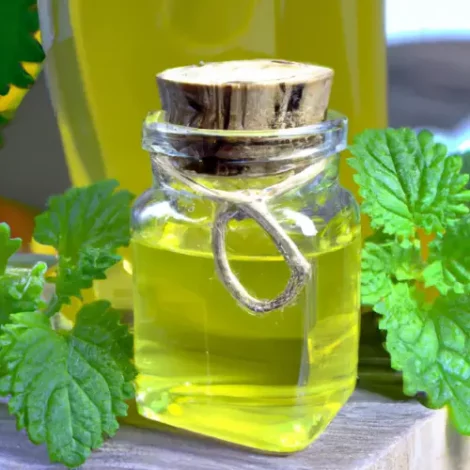 A jar of lemon balm infused oil near lemon balm leaves.