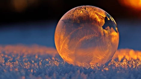Ice bubble on snow glistening in sunset light.