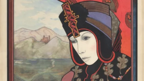 A woman with a red and black hat, looking off into the distance with a distant gaze, set against a backdrop of mountains and a lake.