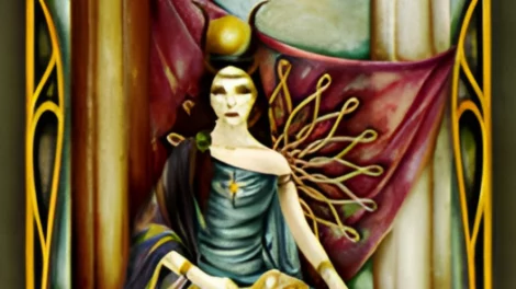 The High Priestess from the Fenestra Tarot deck with a crown featuring a sphere and horns, sitting in front of a purple cloth and ornate gold decorations, looking forward with a penetrating gaze.