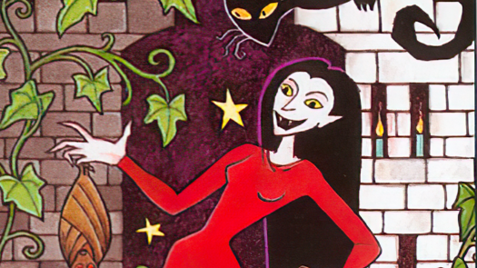 A woman dressed in a flowing red robe gestures towards a vined plant, her hand extended as if communicating with the natural world. Above her head, a cat perches, watching her intently. The background features a few scattered stars and two columns, one made of gray bricks and the other of white bricks, reminiscent of the pillars often seen in traditional High Priestess tarot cards.