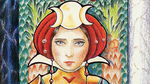 A woman with a serene expression sits on a throne, her face and neck visible above the frame. She wears a triple moon crown on her head, and a colorful design adorns the space behind her. White and black pillars flank her sides.