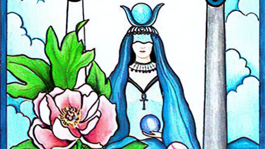 A blindfolded woman wearing a crown with a crystal ball on top, holding a crystal ball in her left hand, sitting between two pillars, with clouds in the background and a large pink flower with green leaves nearby.