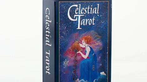 A digital illustration depicting a woman with a glowing aura pouring gems from a gourd into a pile on the ground. She is surrounded by a starry night sky with planets visible in the distance. The illustration is for the Celestial Tarot Deck.