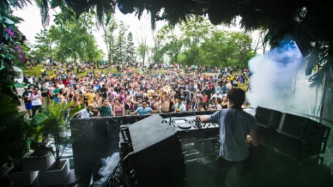 DJ playing music on a stage surrounded by plants, creating a relaxed and intimate atmosphere.