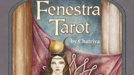 A digital illustration depicting a woman wearing a crescent moon orb crown, sitting in a chair, surrounded by an ornate golden ornament, on the cover of the Fenestra Tarot Deck.